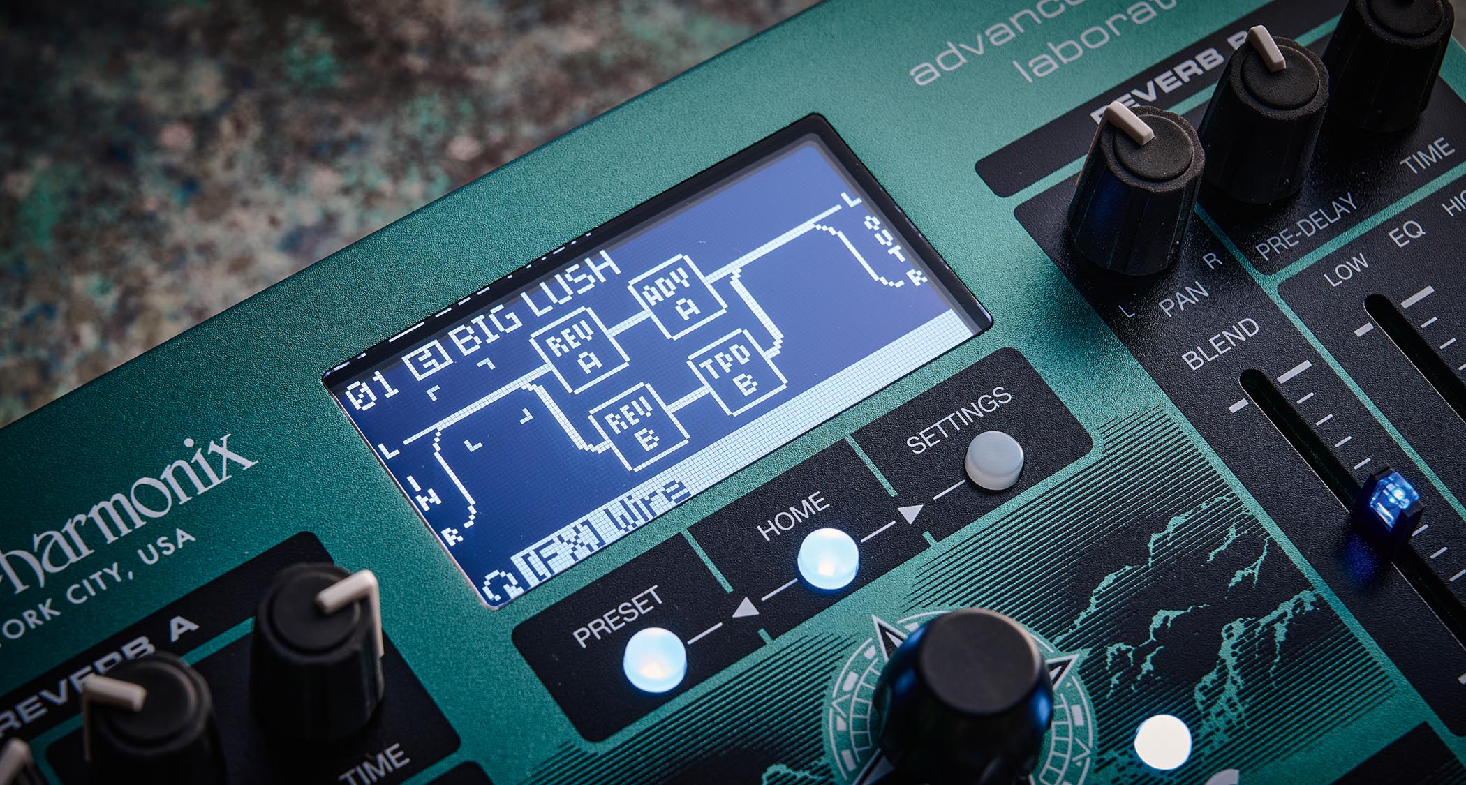The Electro-Harmonix Oceans Abyss is described as an "Advanced Reverb Laboratory" and the green, triple-footswitch pedal has a comprehensive range of features, with sliders and dials for adjusting parameters.