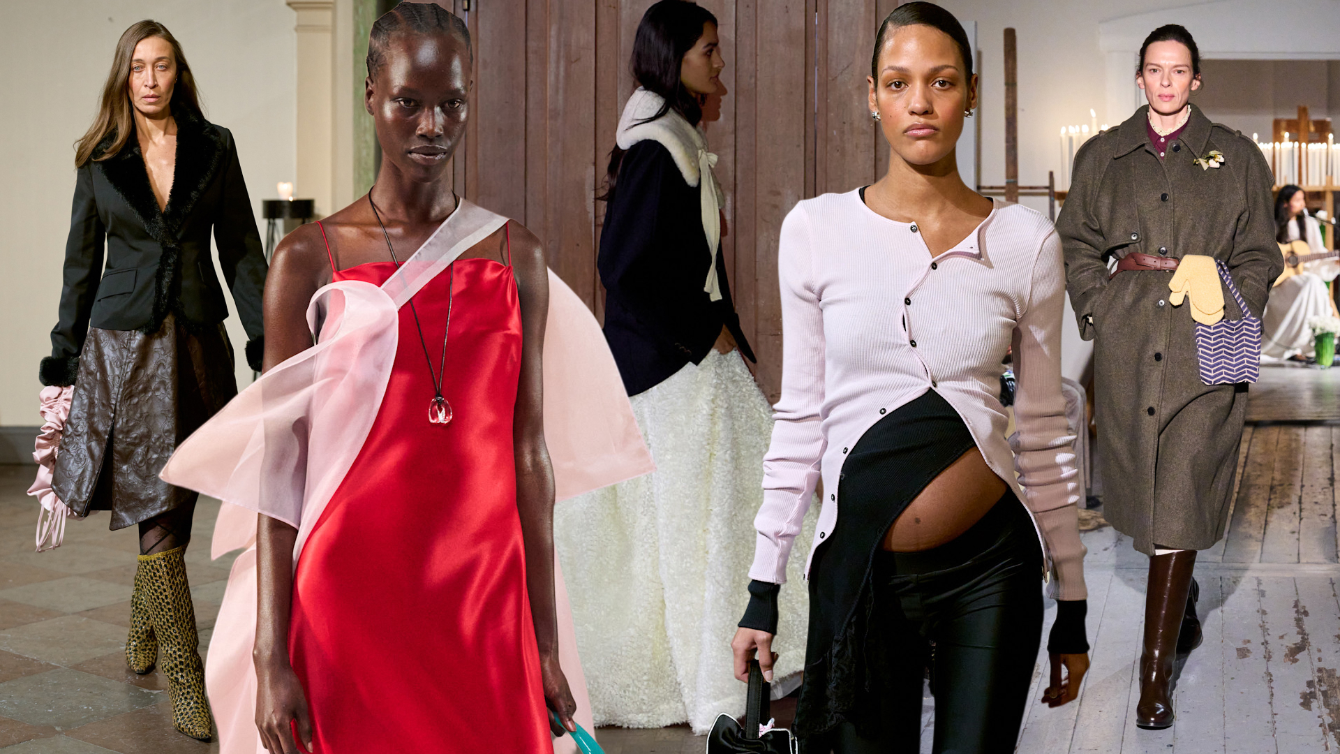 five models on the copenhagen fashion week runways wearing fall 2026 collections