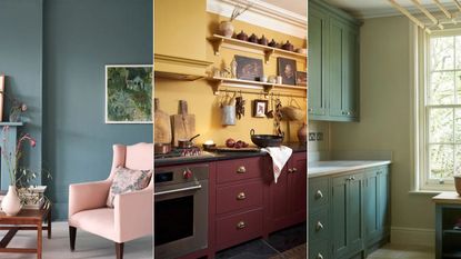 blue living room, yellow and burgundy kitchen, green utility room