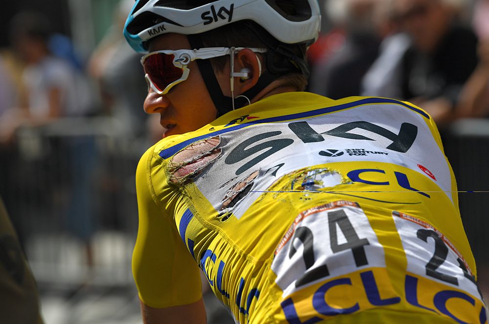 Michal Kwiatkowski (Team Sky) crashed while wearing the leader's jersey at the end of stage 2 of the Crit&eacute;rium du Dauphin&eacute;