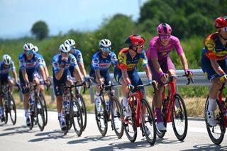 FRANCAVILLA AL MARE ITALY MAY 15 LR Simone Consonni of Italy and Jonathan Milan of Italy and Team Lidl Trek Purple Points Jersey compete during the 107th Giro dItalia 2024 Stage 11 a 207km stage from Foiano di val Fortore to Francavilla al mare UCIWT on May 15 2024 in Francavilla al mare Italy Photo by Dario BelingheriGetty Images
