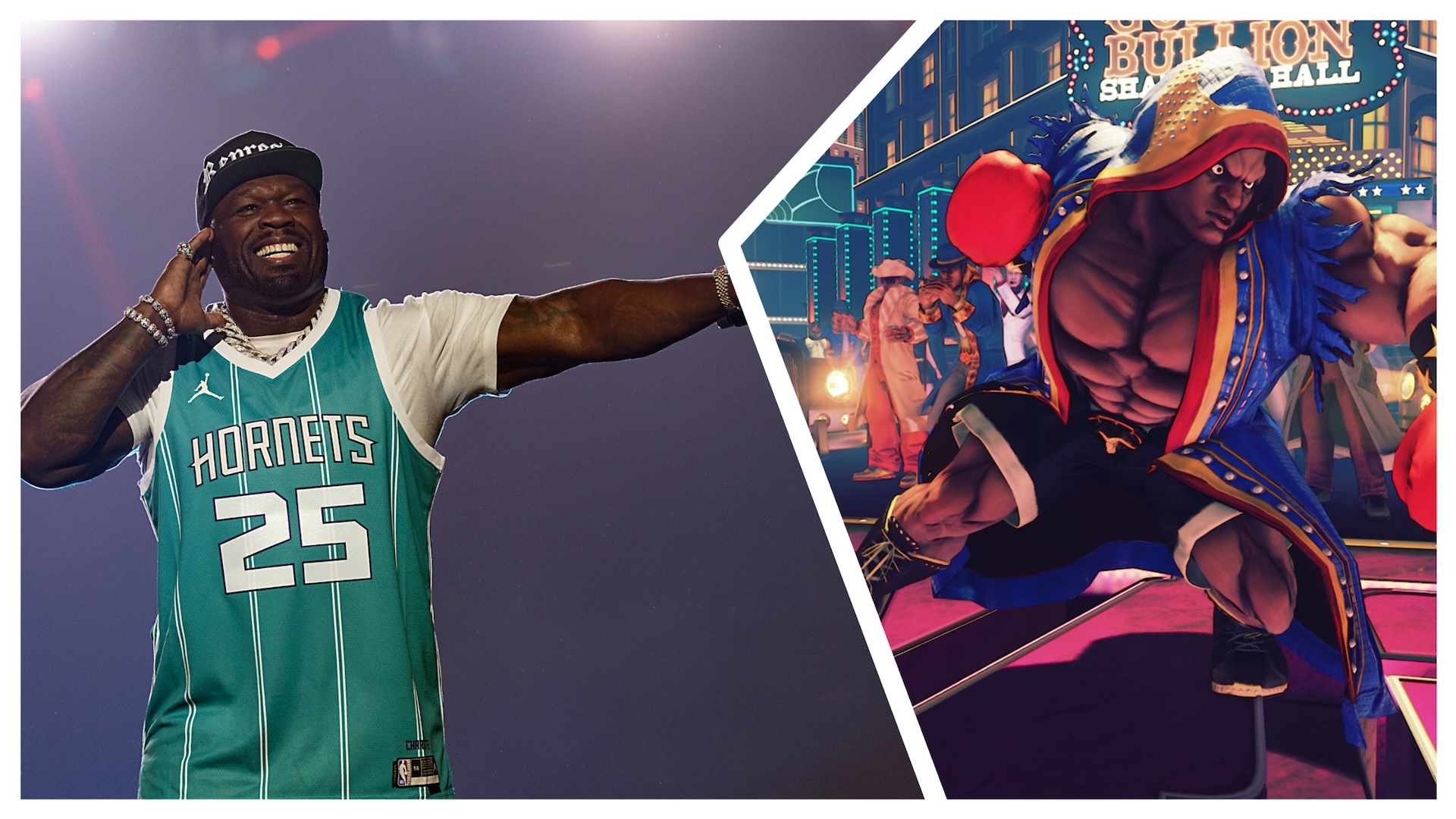 50 Cent performing on stage on the left and Balrog from Street Fighter on the right