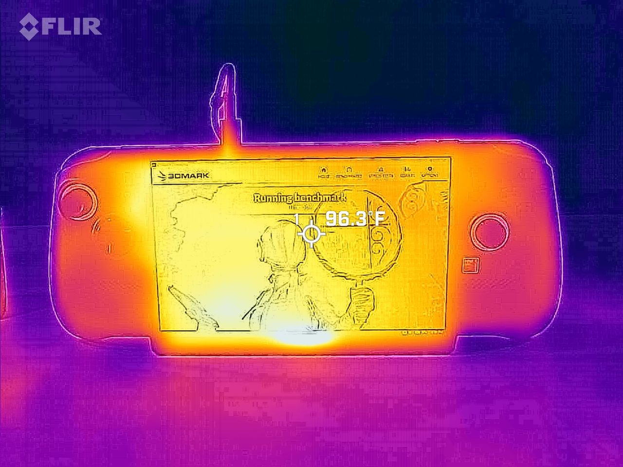 Thermal image of the device front running a 3DMark benchmark, showing an even heat distribution across the screen with a center temperature reading of 96.3&deg;F.