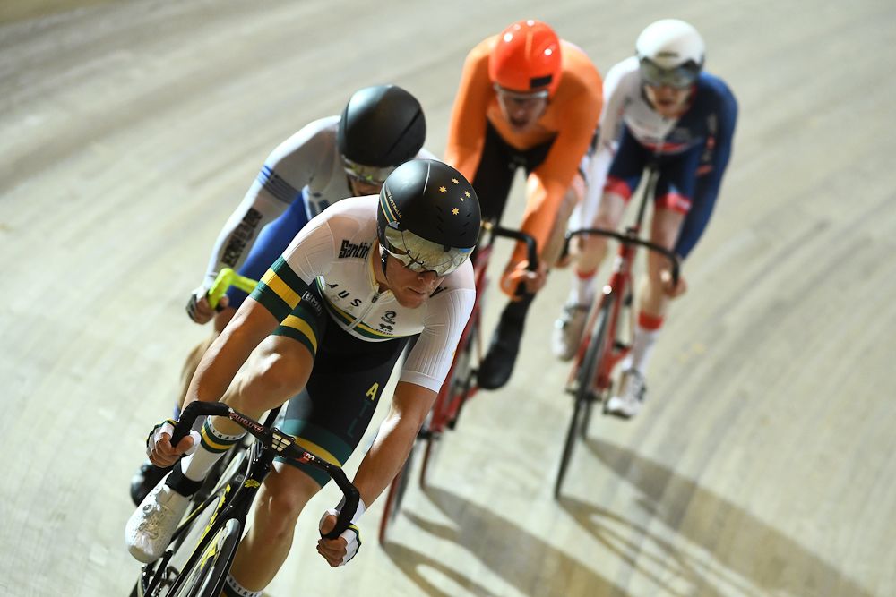 Australian Cameron Meyer leads the field during the men's points race final during the UCI Track Cycling World Championships
