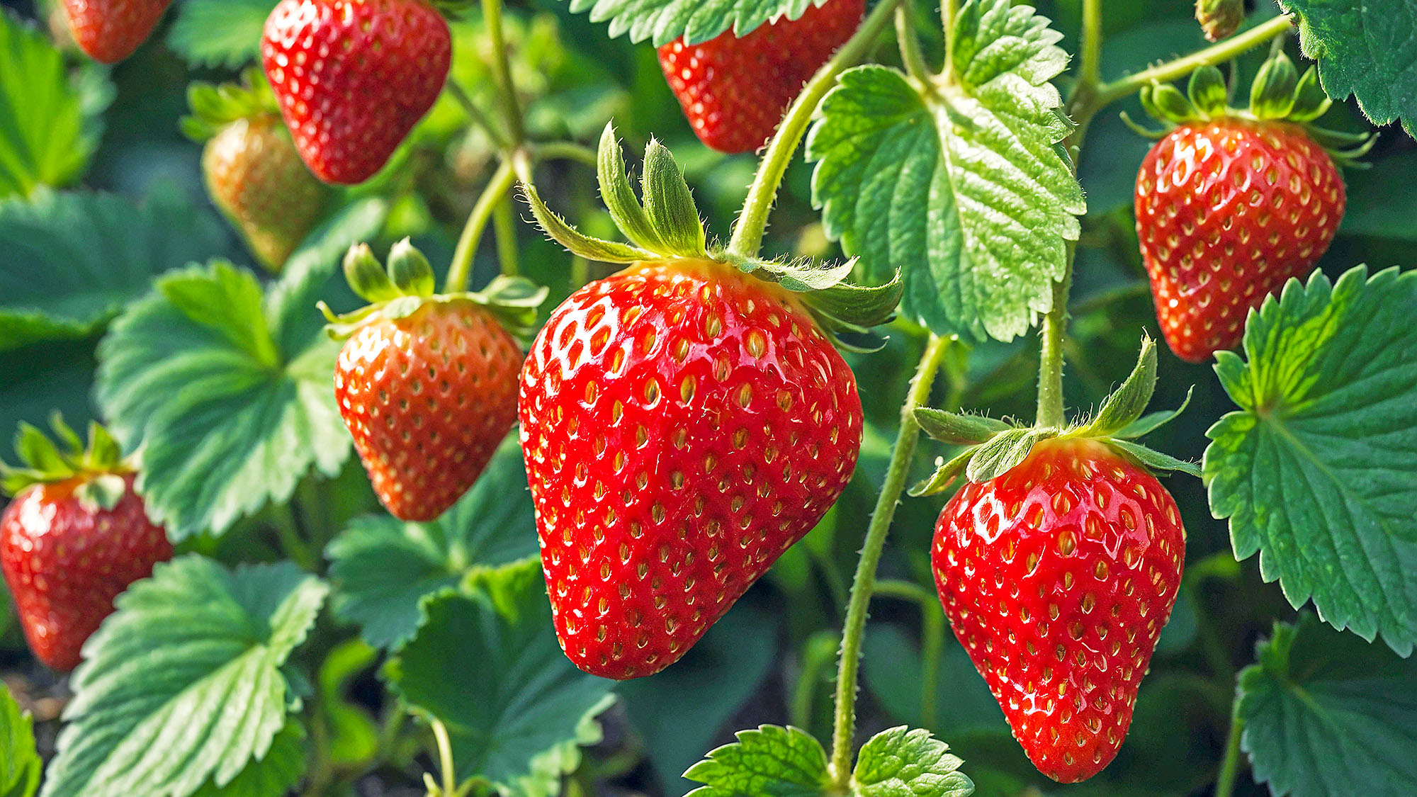 Fresh ripe strawberries hanging on vines in sunny garden