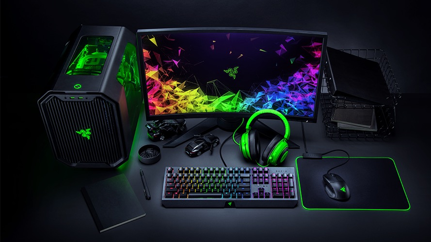 Razr products with RGB lighting arranged on a desk