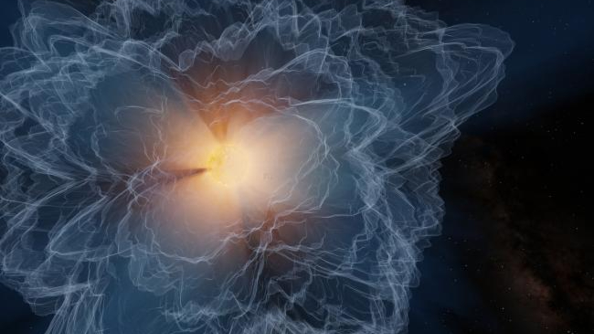 An illustration of the sun's atmosphere, with a glowing ball of orange light surrounded by light blue and white squiggles against a dark background