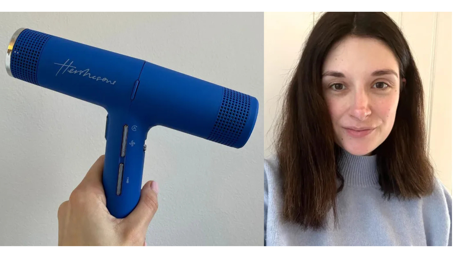 Composite image showing a handheld view of the Hershesons Great Hair Dryer (left) and Jess after smoothing her hair (right)