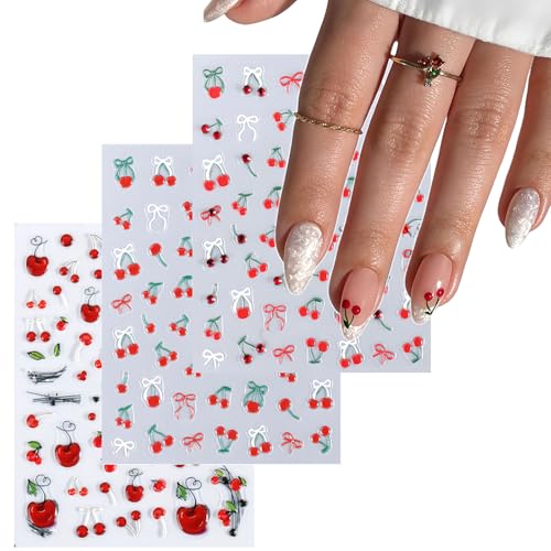 Amazon.com: Miojora 3 Sheets Cherry Nail Art Stickers Decals 5d Stereoscopic Nail Accessories Embossed Diamond Red Cherry Nail Supplies Red White Bow Self-Adhesive Nail Design Diy for Women Girls Elegant Decor : Beauty & Personal Care