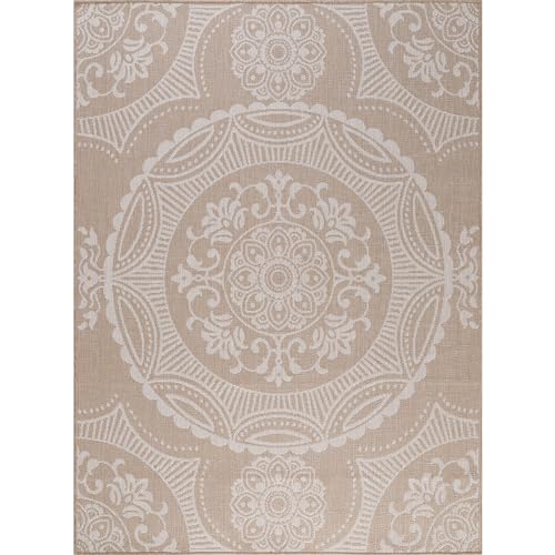 Luul Home Medallion Outdoor Rug 5x7 Washable Outside Carpet for Indoor Patio Porch Waterproof Easy Cleaning Non Shedding Area Rugs Beige 5 X 7