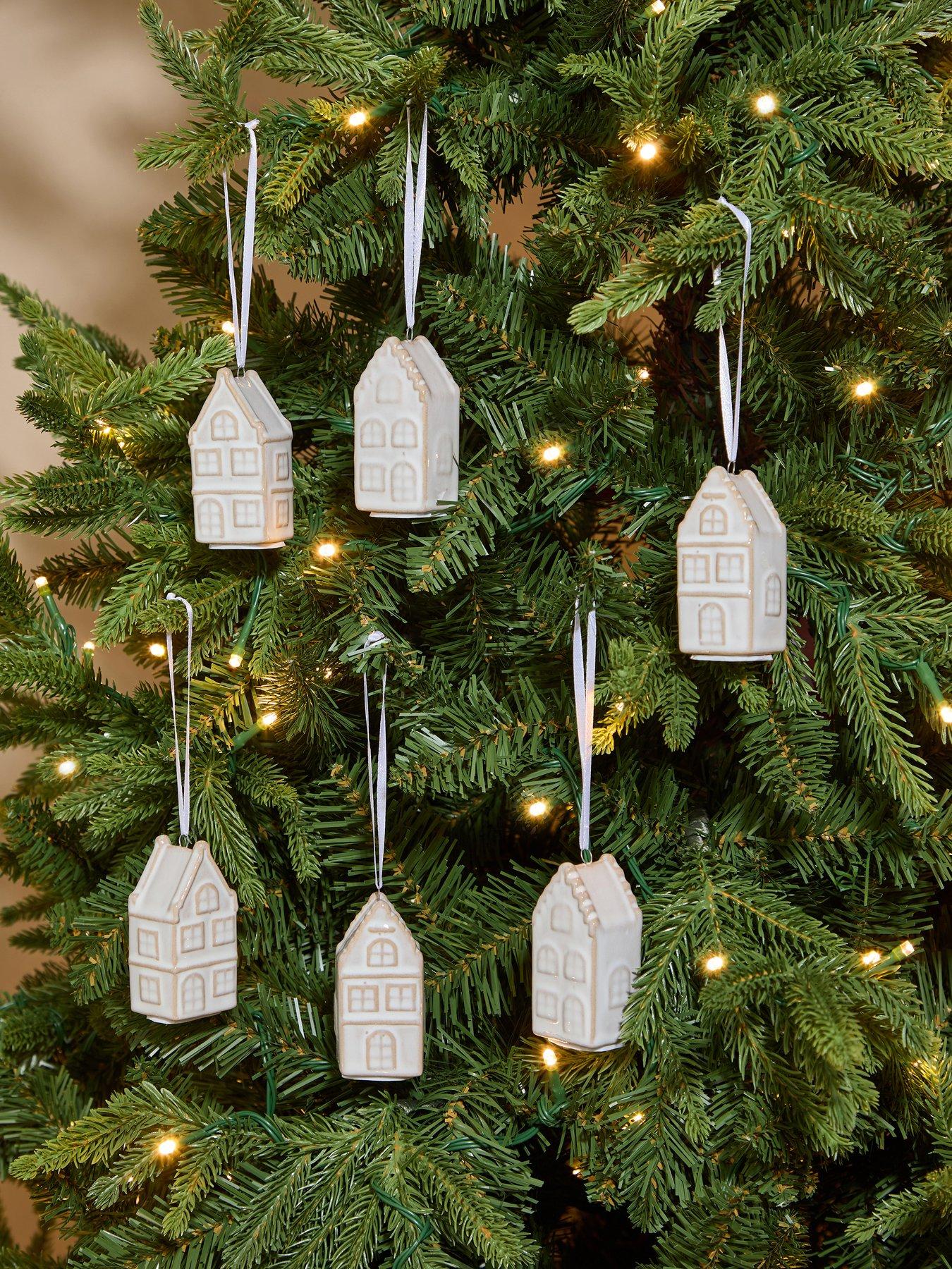 Set of 6 Ceramics House Christmas Tree Baubles - White