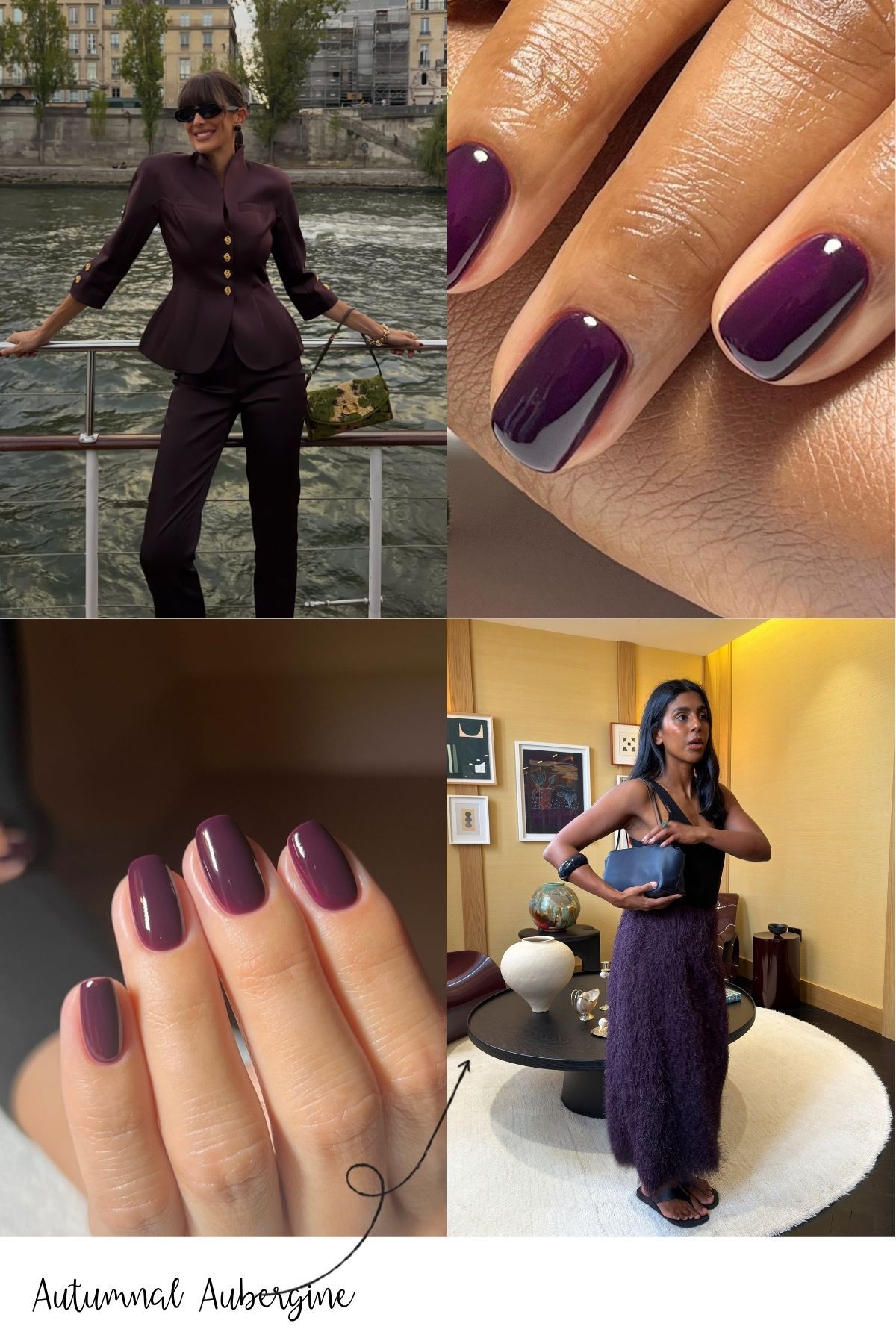A collage of aubergine manicures and two fashion influencers wearing aubergine-coloured outfits