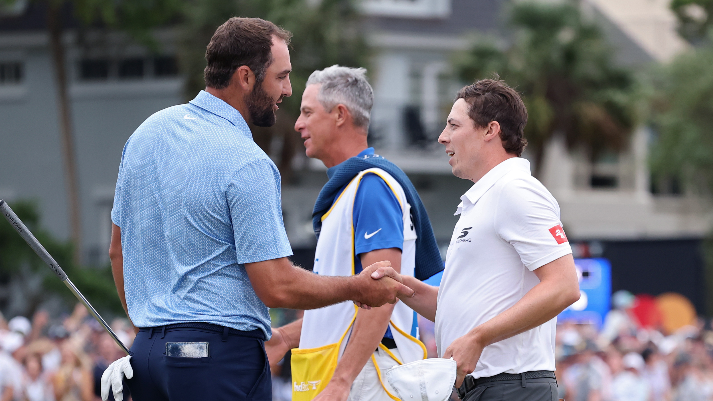 Scottie Scheffler congratulates Matt Fitzpatrick on his RBC Heritage win