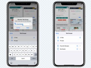 screens that show the field to edit the tab group name and the renamed groups screen in Safari on iOS 15