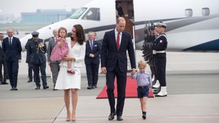 Prince William, Duke of Cambridge and Catherine, Duchess of Cambridge with their children Prince George and Princess Charlotte arrive at Warsaw airport