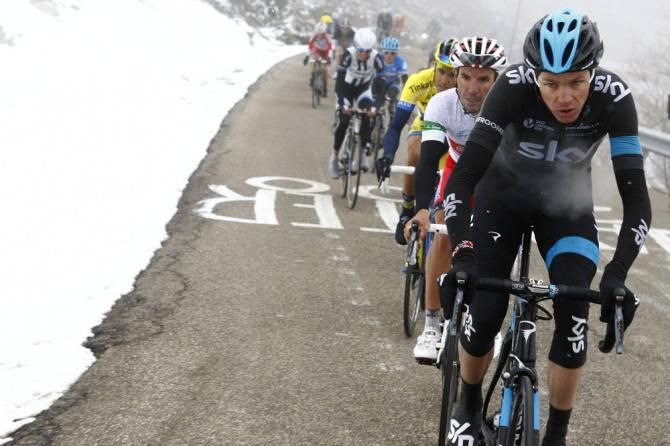 Chris Froome (Sky) leads Catalunya leader Joaquim Rodriguez (Katusha) and Alberto Contador (Tinkoff-Saxo) on the wintry climb to the finish at Vallter 2000