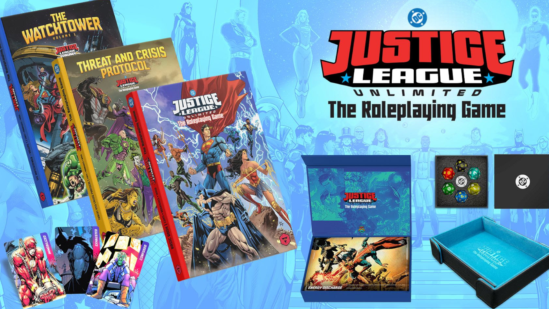 A series of Justice League Unlimited RPG books and accessories on a blue background showing numerous heroes