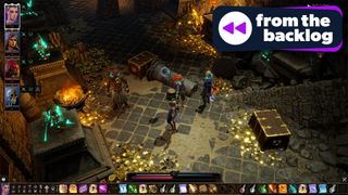 A party of adventurers stand surrounded by treasure chests overflowing with gold.