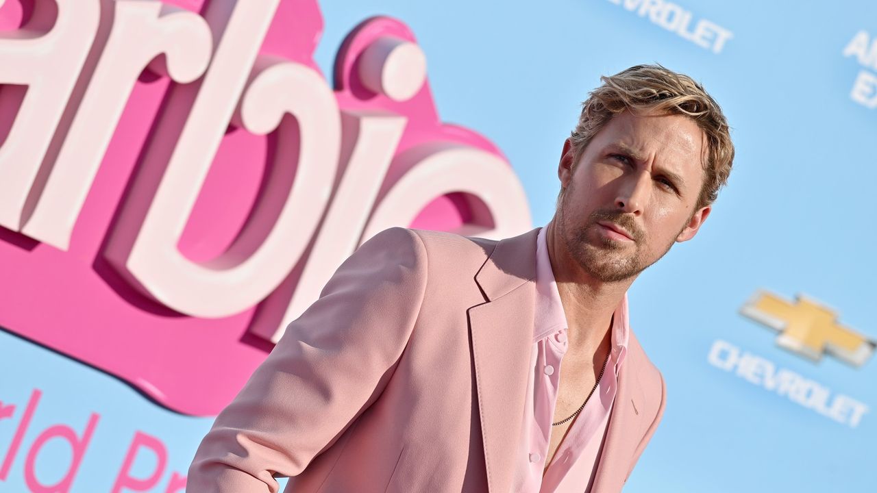 Ryan Gosling posing at the L.A. &quot;Barbie&quot; premiere