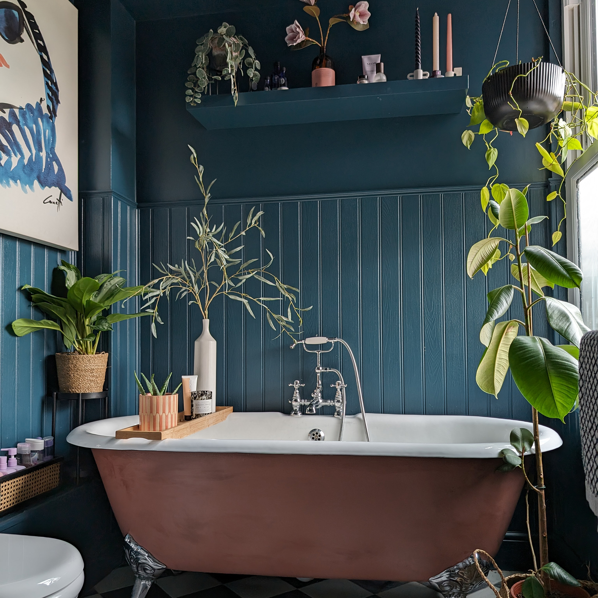 blue bathroom with dark blue walls and houseplants
