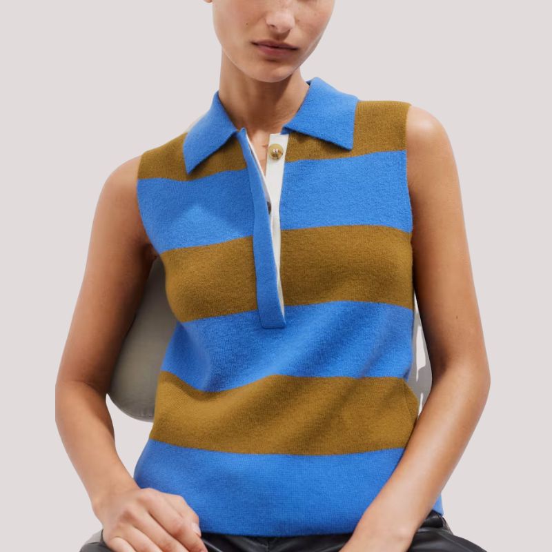 Merino Cashmere Rugby Stripe Vest on model 