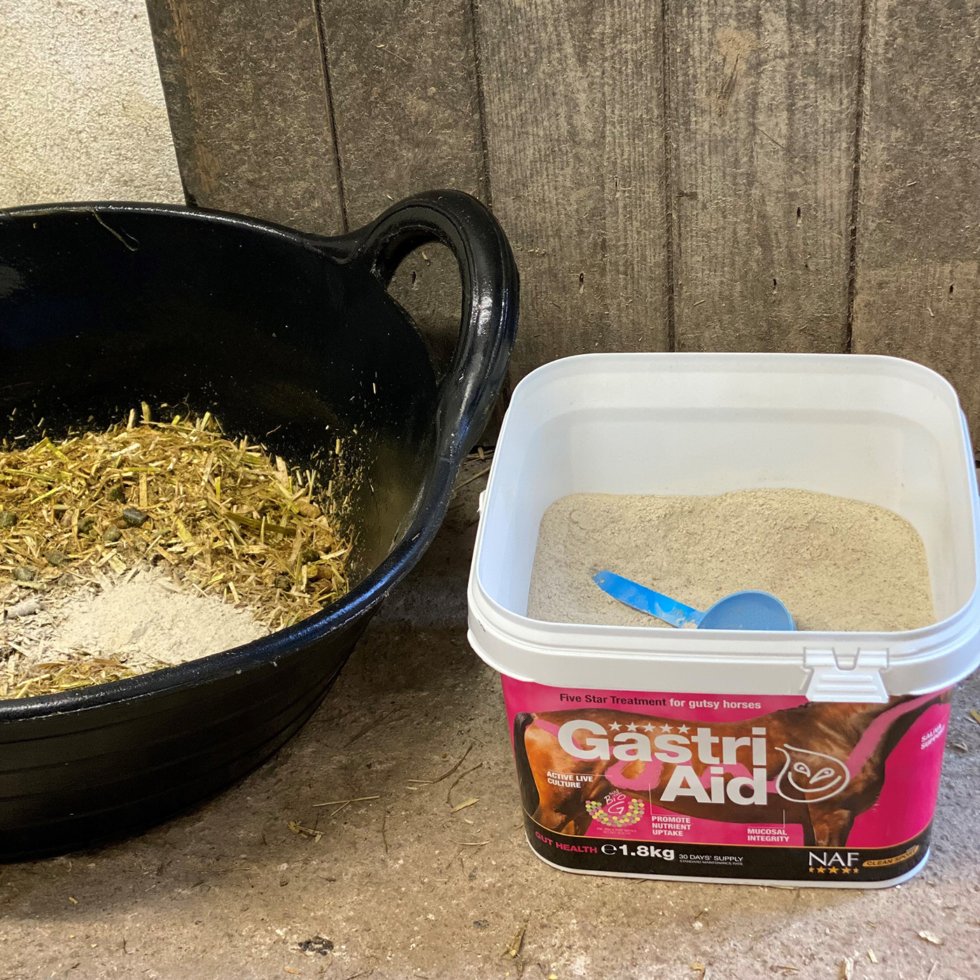 A horse&amp;rsquo;s feed buck containing feed with NAF Gastri-Aid, alongside an open tub of Gastri-Aid supplement.