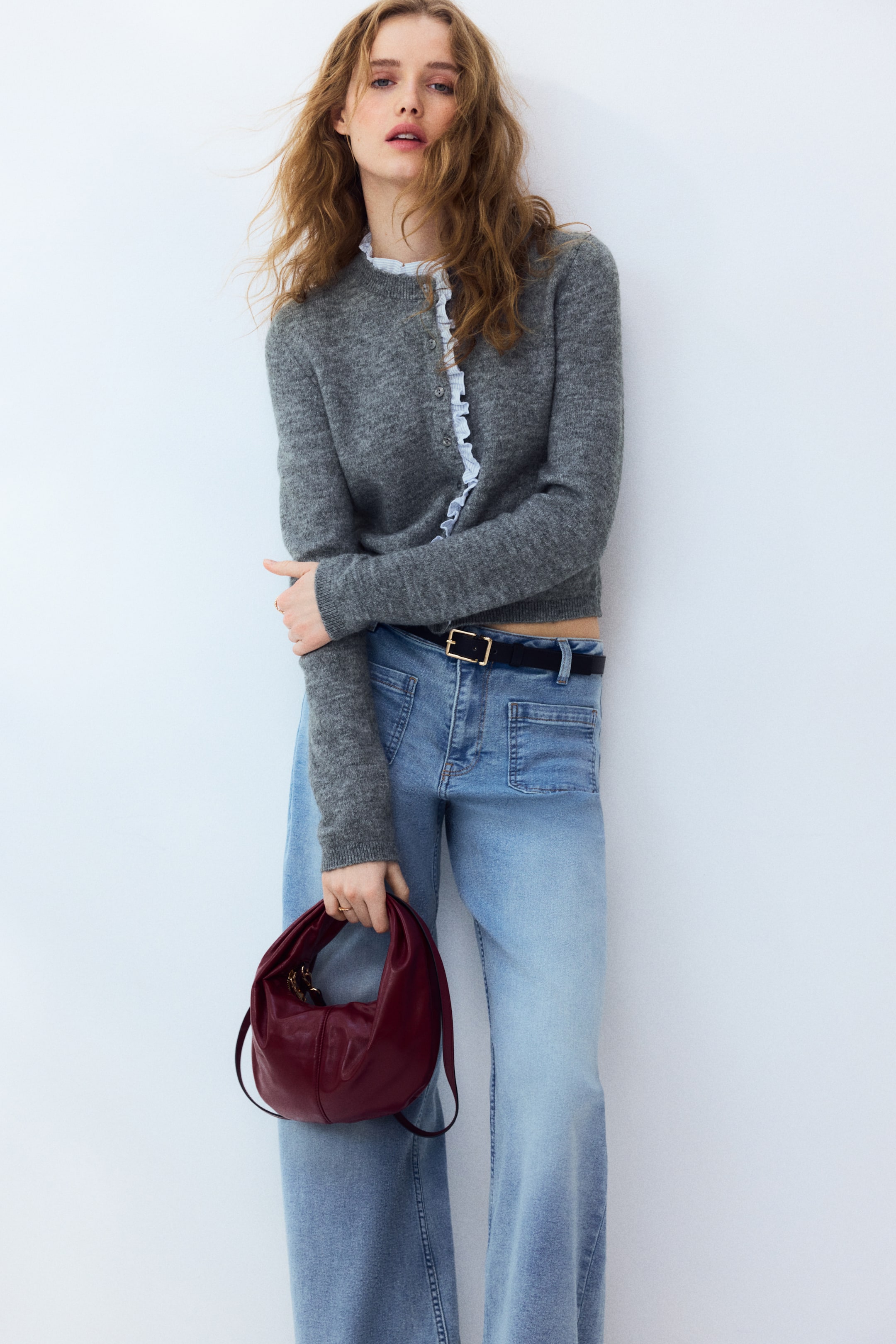 Ruffle-Trimmed Fine-Knit Cardigan - Gray Melange