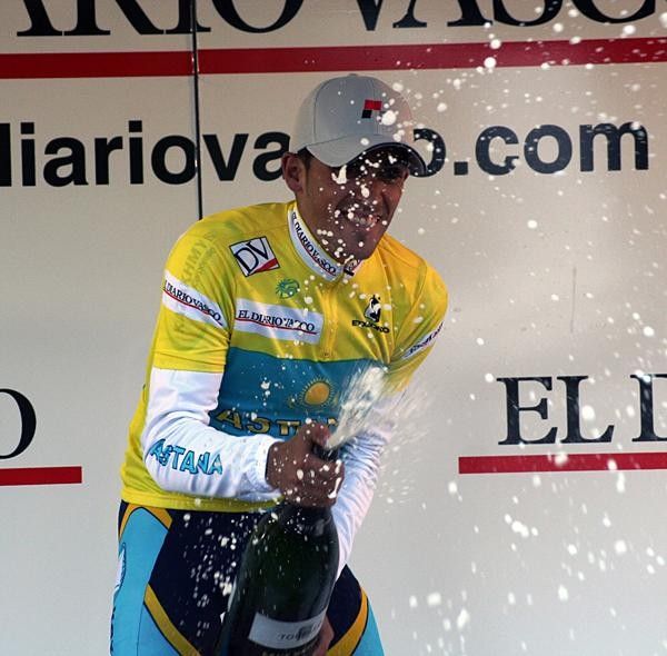 Alberto Contador (Astana) spays the champagne