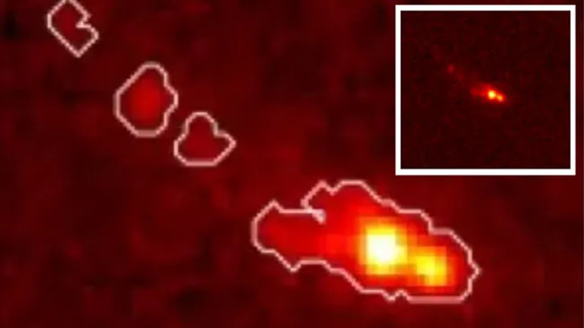 (Main) The complex shape of Gz9p3 shows it origins as the result of a merger between galaxies (Inset) direct imaging by the JWST reveals Gz9p3 has a double nucleus indicating a merger that is still ongoing.