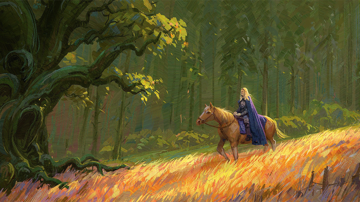 Concept art advice; a woman on a horse rides though yellow grass