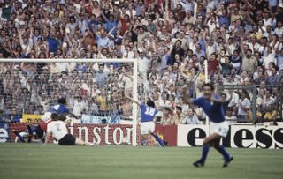 Italy players celebrate Paolo Rossi's opening goal in the 1982 World Cup final against West Germany at the Santiago Bernabeu.