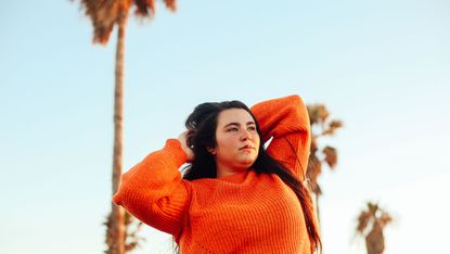 People in nature, Orange, Red, Fun, Smile, Happy, Sky, Tree, Photography, Outerwear, 