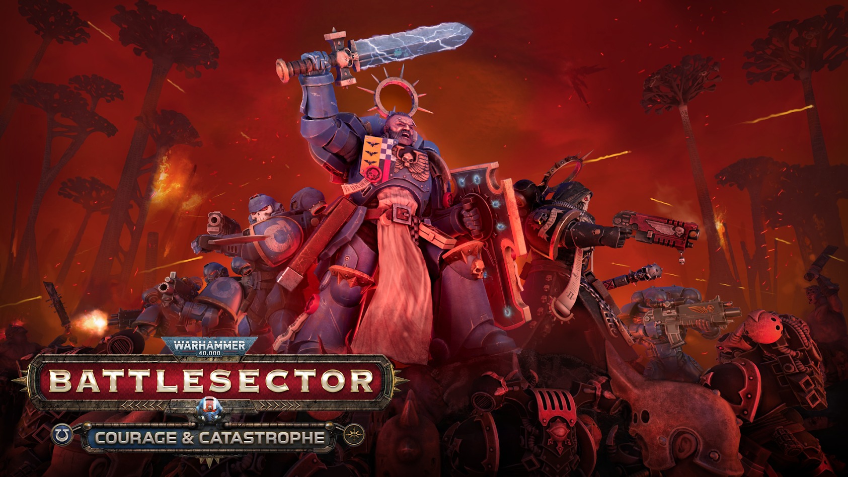 Warhammer: Battlesector artwork shows armored warriors charging through a fiery red battlefield, led by a grim commander raising a glowing weapon.