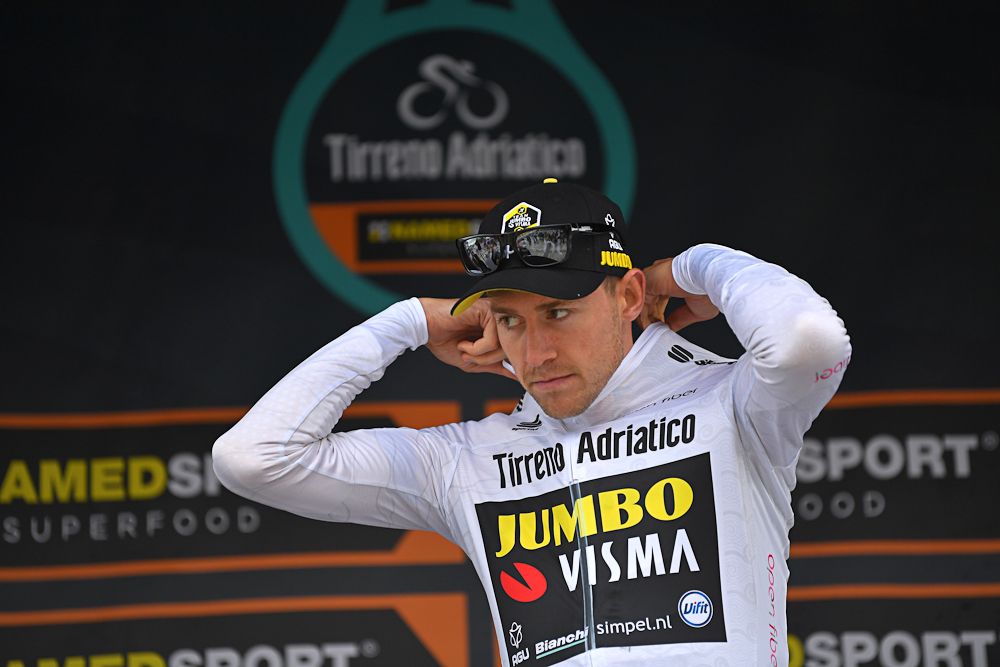 Jumbo-Visma's Laurens De Plus in Tirreno-Adriatico's white jersey after the opening TTT