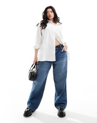 Asos Design Curve Mid Rise Baggy Boyfriend Jeans in Mid Blue