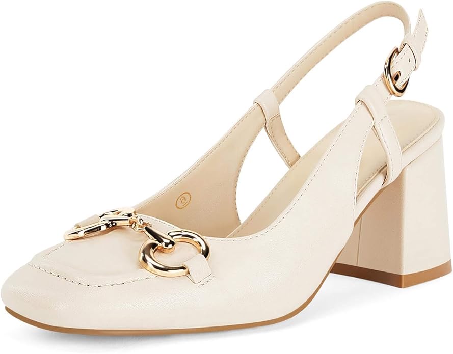 Coutgo, Coutgo Women&#039;s Slingback Chunky Block Heels Pumps Square Toe Metal Buckle Party Dress Work Shoes, Beige, Size 11