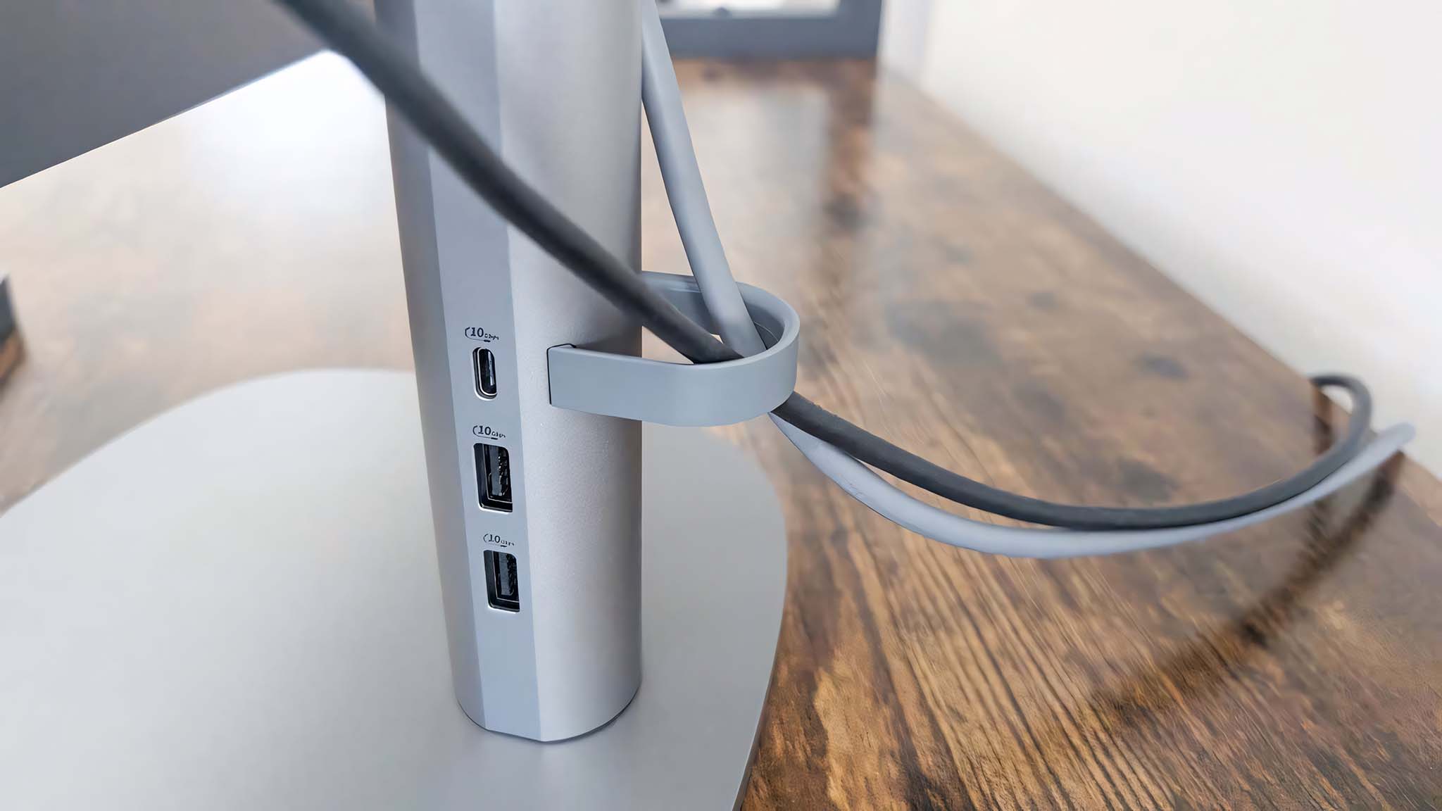 Up close image of HP OmniStudio X stand showing ports and cable tidy.