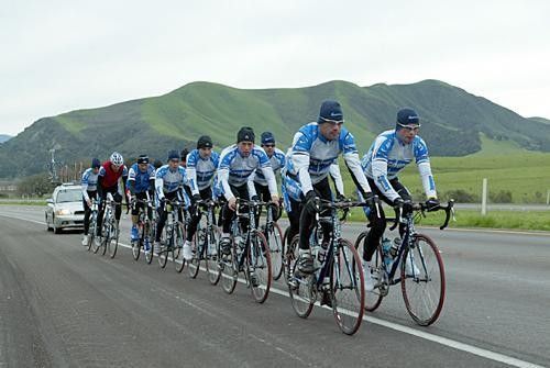 The Discovery team heads out on one of its first training camp rides of the season in Solvang, CA.