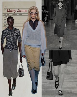 a collage depicting models wearing the mary jane shoes on the runway