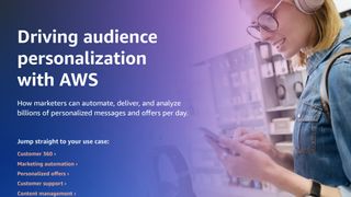 A whitepaper from AWS covering how to automate personalization, and deliver and analyze billions of bespoke customer messages, with image of female wearing headphones looking at a smartphone