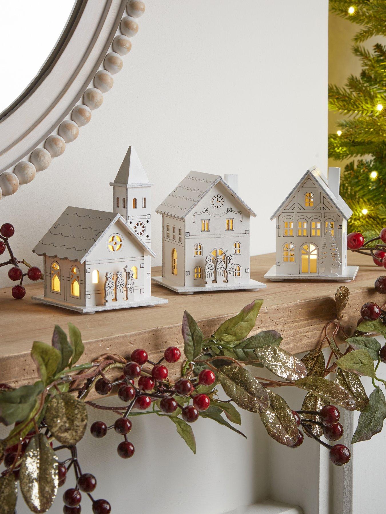Set of 3 Led Wooden House Christmas Decorations - White