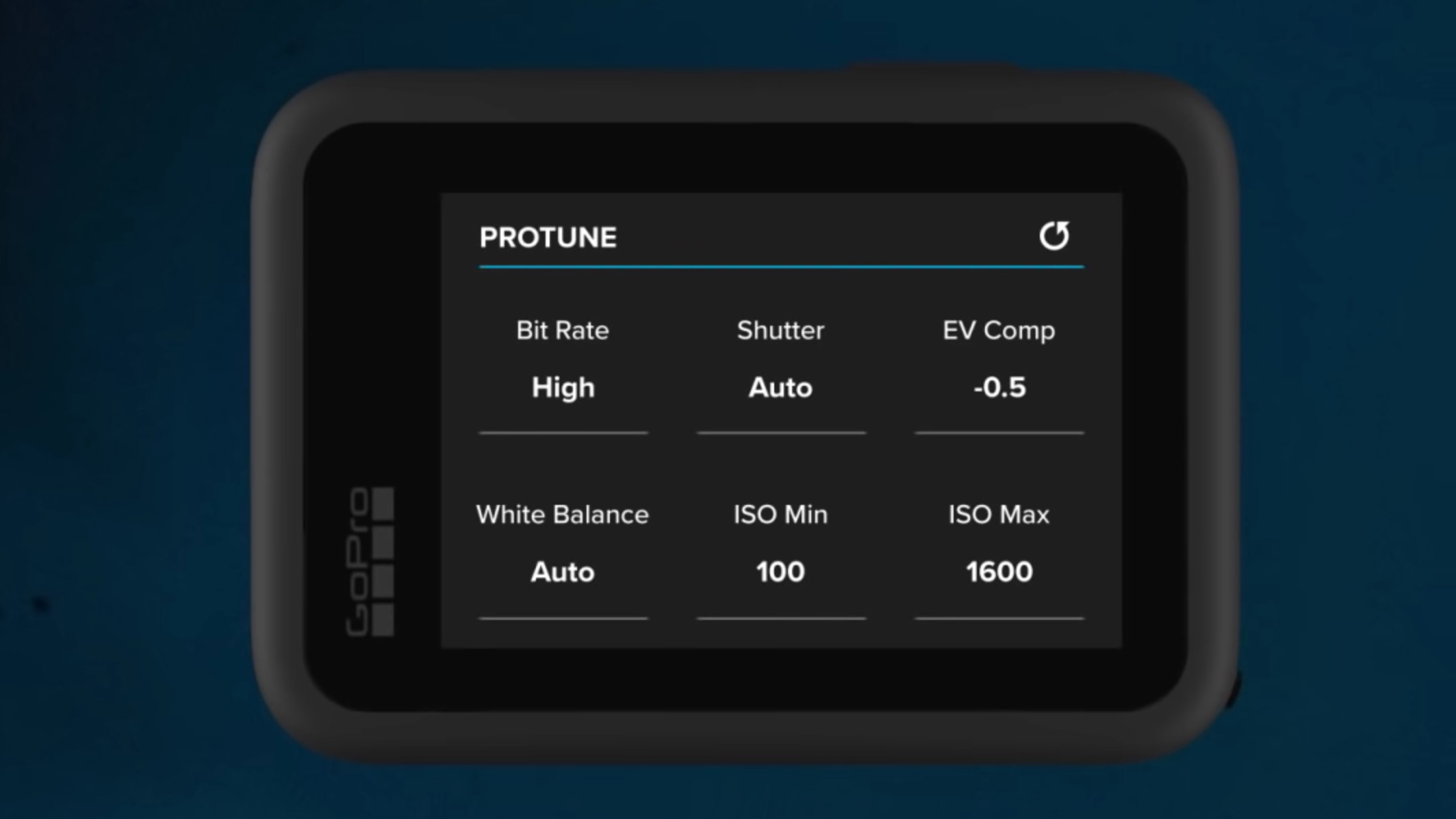The back of a GoPro camera showing the ProTune settings menu