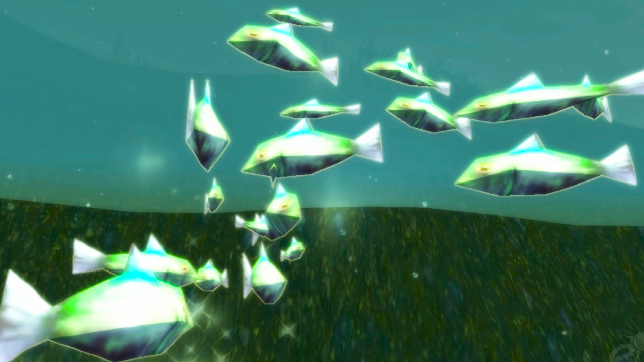 A screenshot of World of Warcraft fish from Wowhead user Mauldred. A school of silver and green fish mingle about in shallow waters.