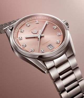 pink watch with steel bracelet