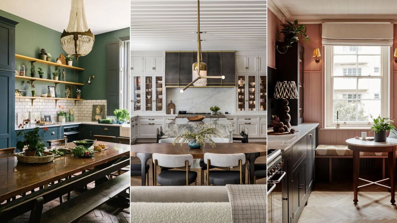 A green kitchen with large chandelier, a white and marble open plan kitchen, a small pink kitchen with black cabinetry