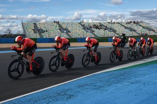 Ineos Grenadiers's riders cycle during the 3rd stage of the Paris-Nice cycling race, a 28,4 km team time trial between Nevers Magny-Cours Circuit and Nevers, on March 11, 2025. (Photo by Anne-Christine POUJOULAT / AFP)