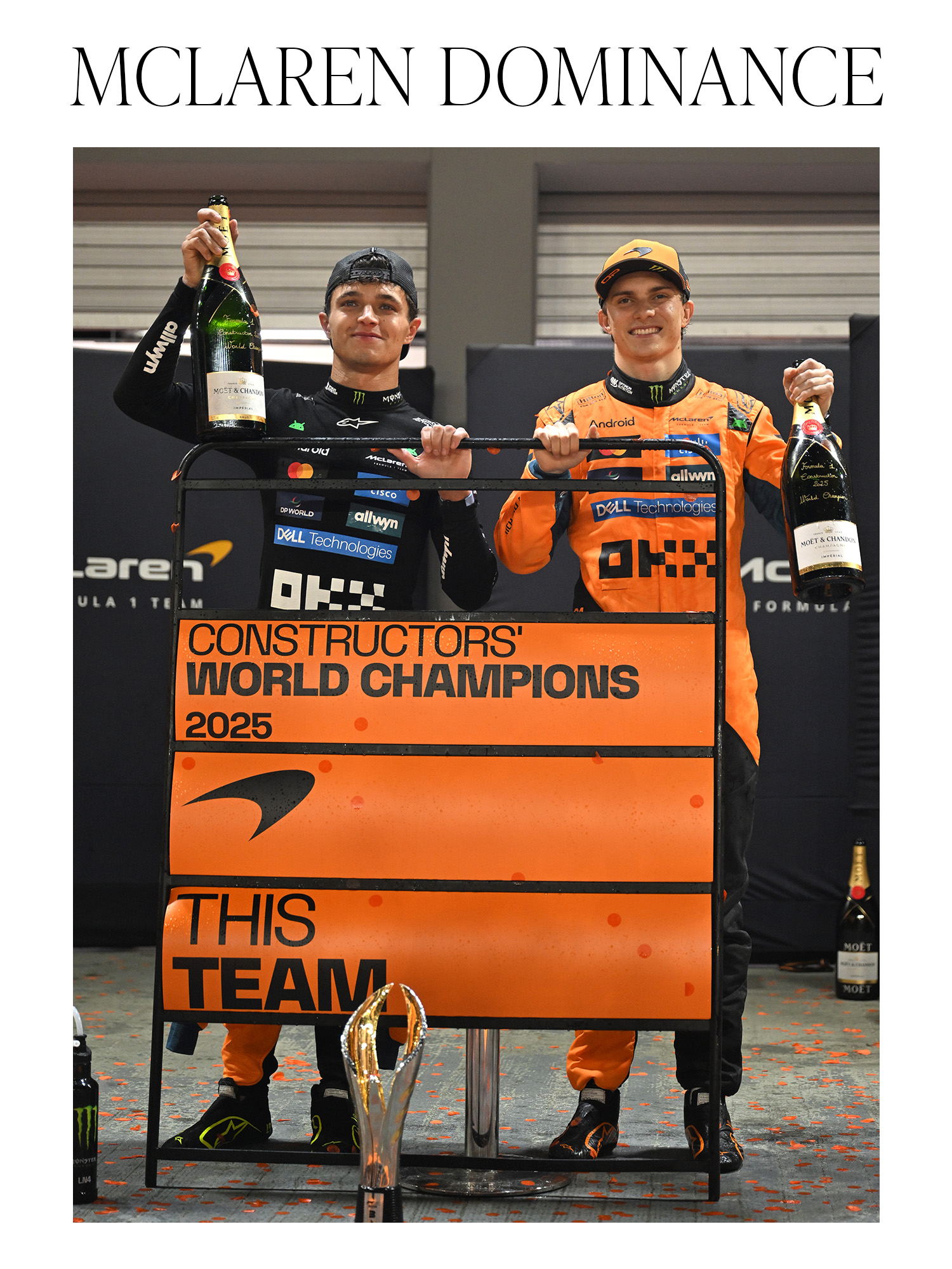 SINGAPORE, SINGAPORE - OCTOBER 05: Lando Norris of Great Britain and McLaren Oscar Piastri of Australia and McLaren and the McLaren team celebrate after winning the Constructors Championship during the F1 Grand Prix of Singapore at Marina Bay Street Circuit on October 05, 2025 in Singapore, Singapore.