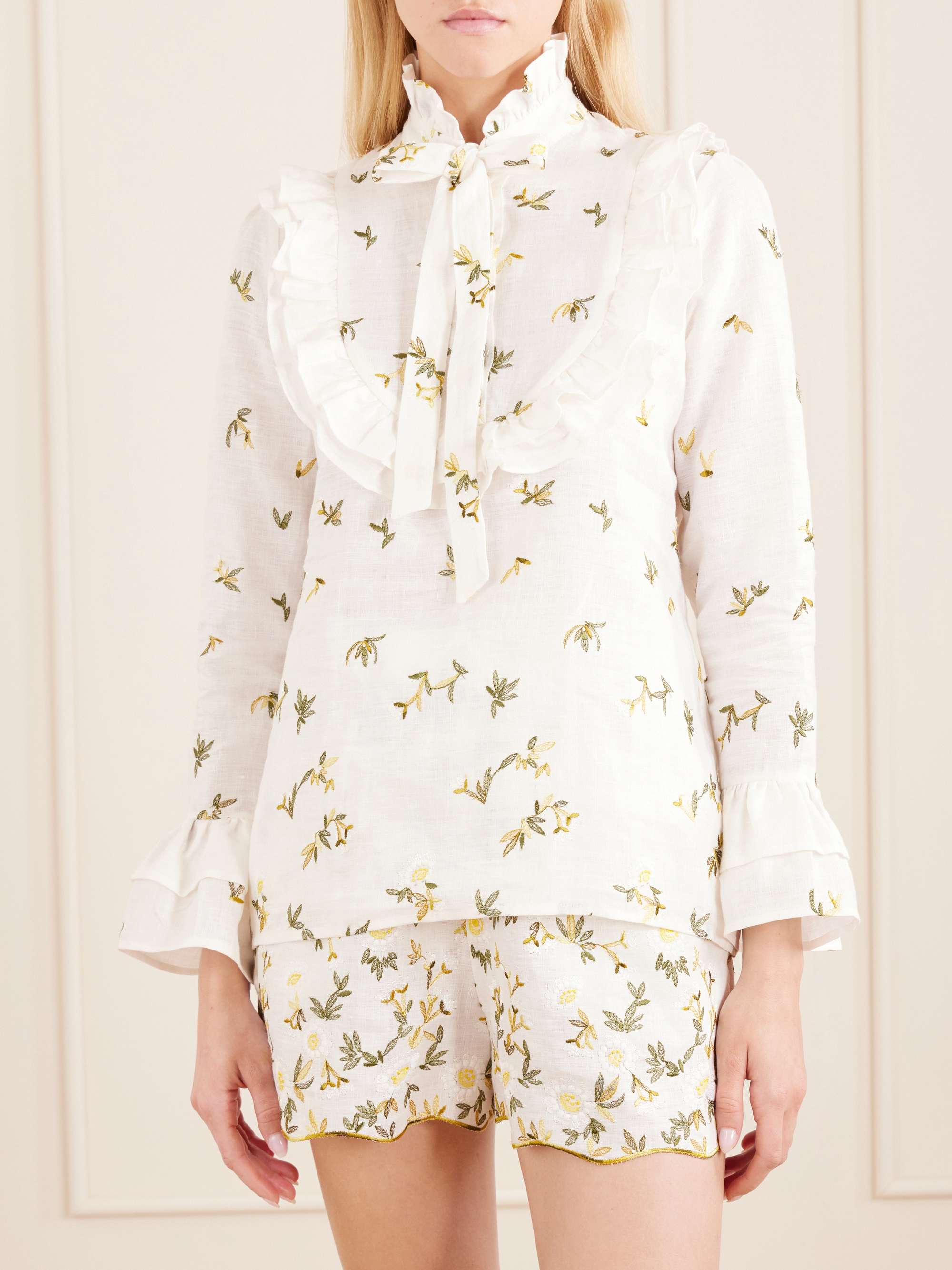 Valeria Ruffled Embroidered Linen Blouse