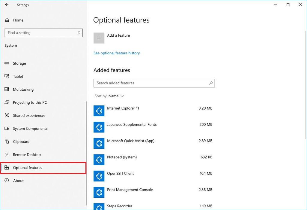 Windows 10 Optional Features page