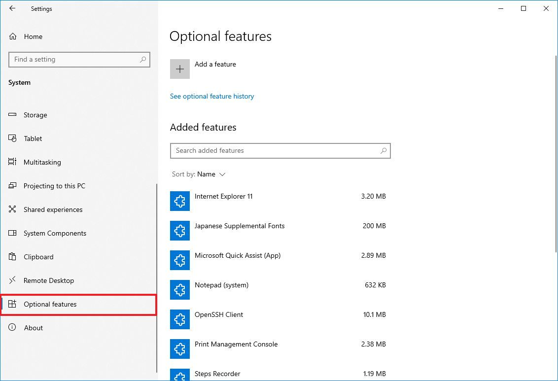 Windows 10 Optional Features page